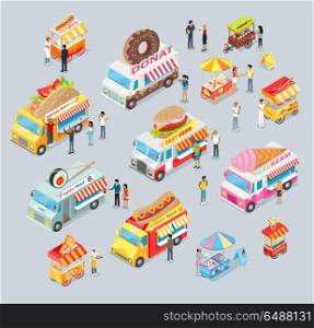 Cars for Sale Food and Drink. Shop on Wheels.. Street food trucks set. Mexican food, Japan food, Donut, Fast food, ice cream, pizza, coffee and tea, fresh lemonade, popcorn. Cars for sale food and drink. Shop on wheels. Car store. Truck with brand