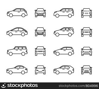 Cars front and side view line signs, auto symbols. Vehicle outline vector icons isolated on white background. Auto vehicle car, illustration of automobile transport. Cars front and side view line signs, auto symbols. Vehicle outline vector icons isolated on white background