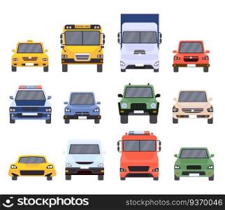 Cars front view. Flat urban vehicles taxi, police, delivery service, school bus, van, truck and sport vehicle. Cartoon car model vector set. Car taxi, urban automobile, motor sedan illustration. Cars front view. Flat urban vehicles taxi, police, delivery service, school bus, van, truck and sport vehicle. Cartoon car model vector set