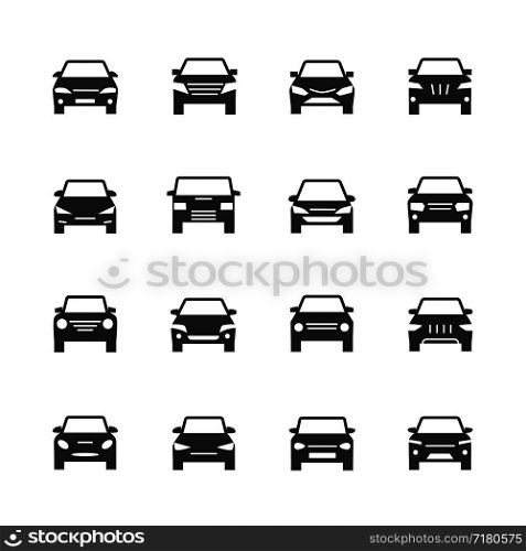 Cars front view signs. Vehicle black silhouette vector icons isolated on white background. Automobile icon, auto vehicle symbol illustration. Cars front view signs. Vehicle black silhouette vector icons isolated on white background