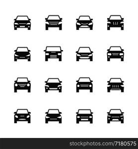 Cars front view signs. Vehicle black silhouette vector icons isolated on white background. Automobile icon, auto vehicle symbol illustration. Cars front view signs. Vehicle black silhouette vector icons isolated on white background