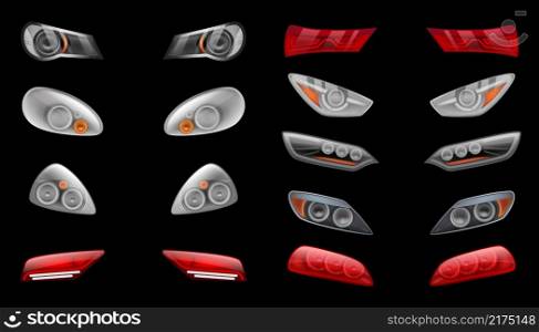 Cars headlights. Reflection glow effects for modern vehicles night lights on road decent vector realistic templates isolated. Auto headlight, led realistic glow, collection car lamp illustration. Cars headlights. Reflection glow effects for modern vehicles night lights on road decent vector realistic templates isolated