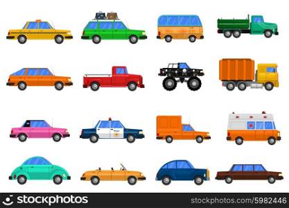 Cars Icons Set. Different types of cars icons set with bus truck and police car flat isolated vector illustration