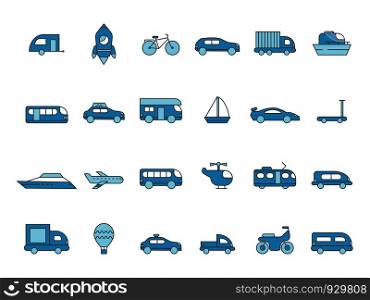Cars line icons. Transportation colored icons. Vector linear symbols. Transportation line collection, car and airplane, train and bike illustration. Cars line icons. Transportation colored icons. Vector linear symbols