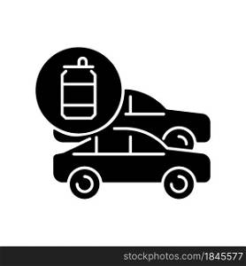 Cars made from recycled steel black glyph icon. Vehicles from aluminum cans. Recycling food, beverage containers. Reprocessed material. Silhouette symbol on white space. Vector isolated illustration. Cars made from recycled steel black glyph icon