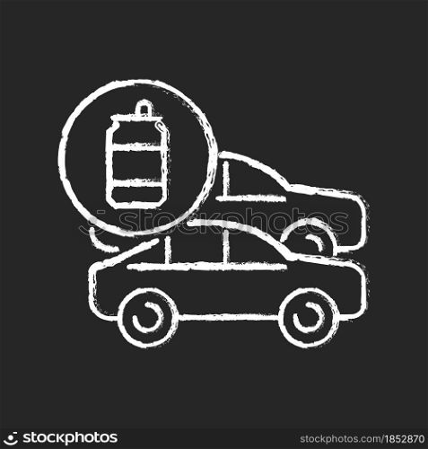 Cars made from recycled steel chalk white icon on dark background. Vehicles from aluminum cans. Recycling beverage containers. Reprocessed material. Isolated vector chalkboard illustration on black. Cars made from recycled steel chalk white icon on dark background