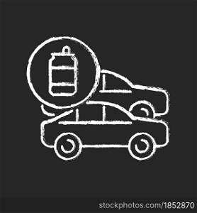 Cars made from recycled steel chalk white icon on dark background. Vehicles from aluminum cans. Recycling beverage containers. Reprocessed material. Isolated vector chalkboard illustration on black. Cars made from recycled steel chalk white icon on dark background