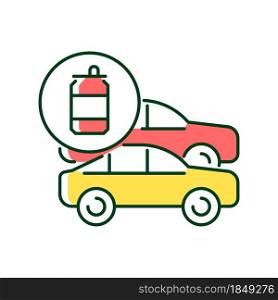 Cars made from recycled steel RGB color icon. Vehicles from aluminum cans. Recycling food and beverage containers. Using reprocessed material. Isolated vector illustration. Simple filled line drawing. Cars made from recycled steel RGB color icon