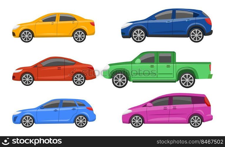 Cars of different types and colors vector illustrations set. Car designs, side view of hatchback, sedan, coupe, SUV, pickup truck isolated on white background. Transport, transportation concept
