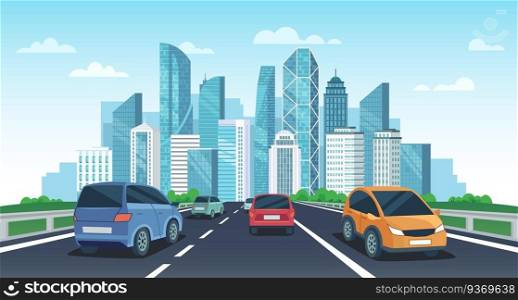 Cars on highway to town. City road perspective view, urban landscape with cars and car travel vector cartoon illustration. Automobiles riding towards megalopolis with skyscrapers and modern buildings.. Cars on highway to town. City road perspective view, urban landscape with cars and car travel vector cartoon illustration