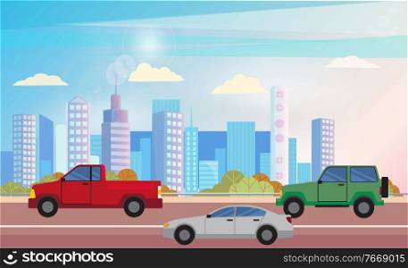 Cars on street vector, road with transportation of city. Cityscape with high buildings and skyscrapers, downtown vehicles with transports megapolis illustration in flat style design for web, print. Cityscape with Skyscrapers and Buildings Cars