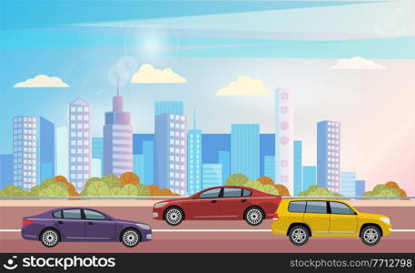 Cars riding at street vector, vehicle in city transportation. A lot of car in town on highway. Cityscape with high buildings and skyscrapers. Downtown with machine, automobile illustration flat style. Car at Street of City, Cityscape with Buildings