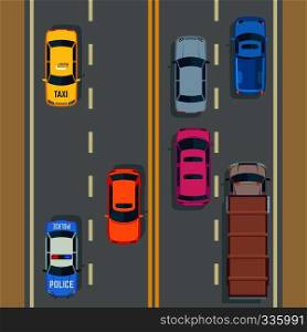 Cars seamless vector background traffic and road. Vector flat illustration. Cars seamless vector background traffic and road
