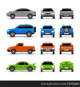 Cars side front and back icons set isolated vector illustration. Cars Side Front And Back Icons Set