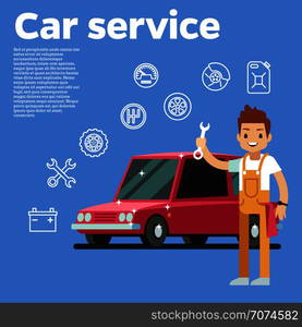 Cars tips vector illustration. auto mechanic with wrench against the red car on background. Auto repair service car, technician man. Cars tips vector illustration. auto mechanic with wrench against the red car on background