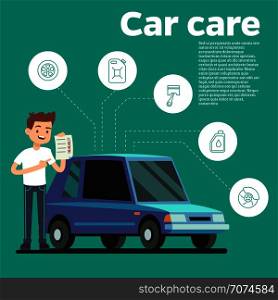 Cars tips vector illustration. Young man with checklist and blue car, Cartoon automobile. Cars tips vector illustration. Young man with checklist and blue car