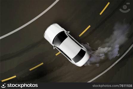 Cars top view realistic composition with asphalt road curve and drifting automobile with steam from tires vector illustration