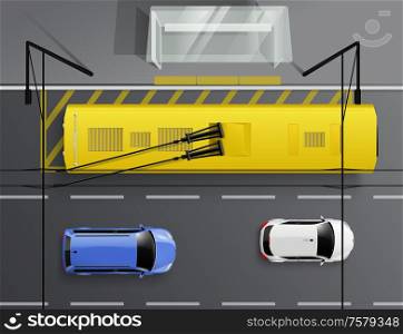 Cars top view realistic composition with images of automobiles driving along road and trolleybus at stop vector illustration