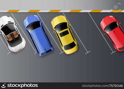 Cars top view realistic composition with parking space marks on asphalt surface and colourful motor vehicles vector illustration