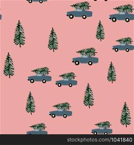 Cars with Christmas trees and pine trees forest seamless pattern on pink background. Texture with bags, boxes, presents, ribbons, gifts, presents. Web, wrapping paper, background fill.. Cars with Christmas trees and pine trees forest seamless pattern on pink background