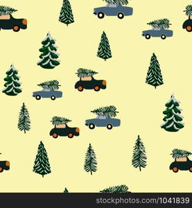 Cars with Christmas trees and pine trees forest seamless pattern seamless pattern. Texture with bags, boxes, presents, ribbons, gifts, presents. Web, wrapping paper, background fill.. Cars with Christmas trees and pine trees forest seamless pattern