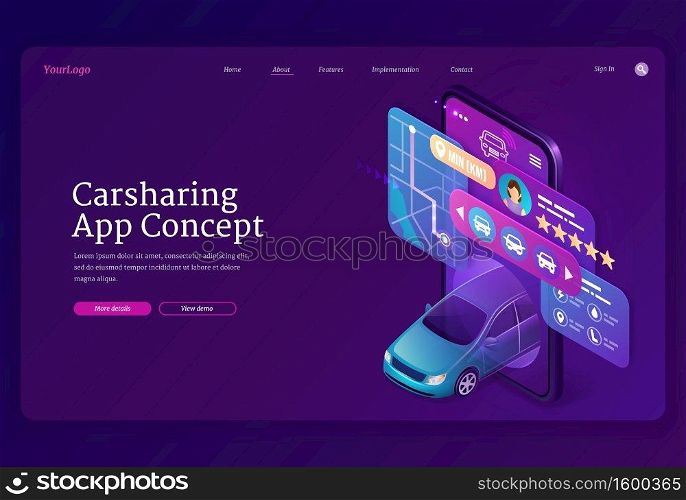 Carsharing app concept isometric landing page. Online car sharing mobile service, auto drive out of smartphone screen, city map and application for order transportation, 3d vector web banner template. Carsharing app concept isometric landing page