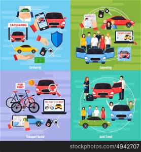 Carsharing Concept Icons Set . Carsharing concept icons set with joint travel symbols flat isolated vector illustration