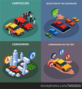 Carsharing concept icons set with car selection symbols isometric isolated vector illustration