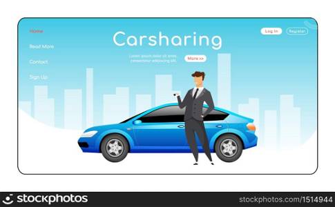 Carsharing landing page flat color vector template. Ride share service homepage layout. Carpooling one page website interface with cartoon character. Automobile rent web banner, webpage