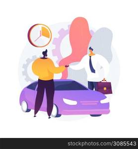 Carsharing service abstract concept vector illustration. Rental service, short term rent, carsharing application, ride application, hiring a car peer to peer, hourly payment abstract metaphor.. Carsharing service abstract concept vector illustration.