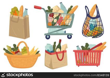 Cart and basket filled with grocery products, bags and nets with food bought in supermarkets. Bread bakery and milk, vegetables and alcohol, fruits and water. Vector in flat style illustration. Shopping buying grocery products in shops vector