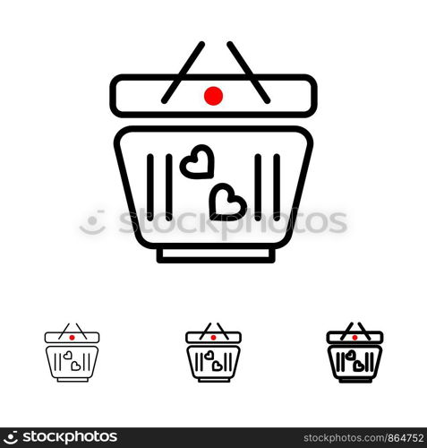 Cart, Love, Heart, Wedding Bold and thin black line icon set