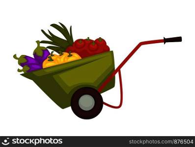 Cart of farmer with harvest products organic vegetables placed on wheelbarrow for transportation and preserving. Metal carriage for aubergine, tomatoes and peppers isolated on vector illustration. Cart of farmer with harvest products vector illustration