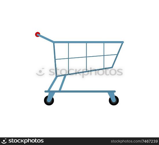 Cart on rolls in store isolated icon. Vector of metal trolley for shopping. Supermarket shop basket, customers products delivery item at market. Cart on Rolls Store Isolated Icon Vector trolley