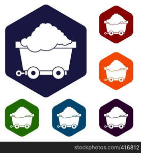 Cart on wheels with coal icons set rhombus in different colors isolated on white background. Cart on wheels with coal icons set