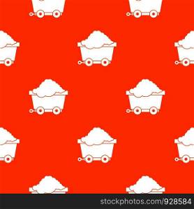 Cart on wheels with coal pattern repeat seamless in orange color for any design. Vector geometric illustration. Cart on wheels with coal pattern seamless