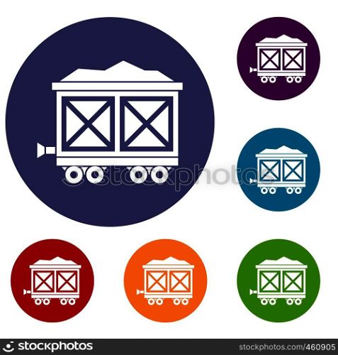 Cart on wheels with gold icons set in flat circle reb, blue and green color for web. Cart on wheels with gold icons set