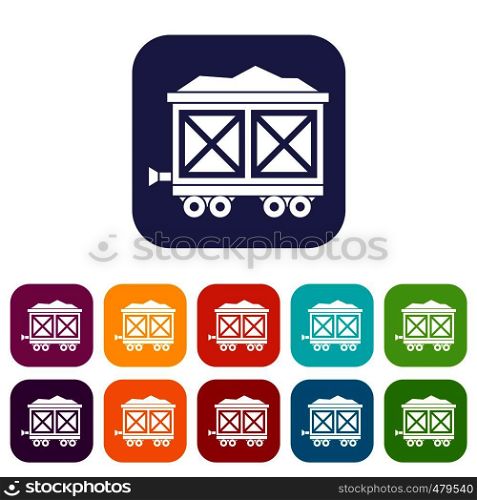 Cart on wheels with gold icons set vector illustration in flat style in colors red, blue, green, and other. Cart on wheels with gold icons set