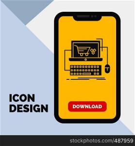 Cart, online, shop, store, game Glyph Icon in Mobile for Download Page. Yellow Background. Vector EPS10 Abstract Template background