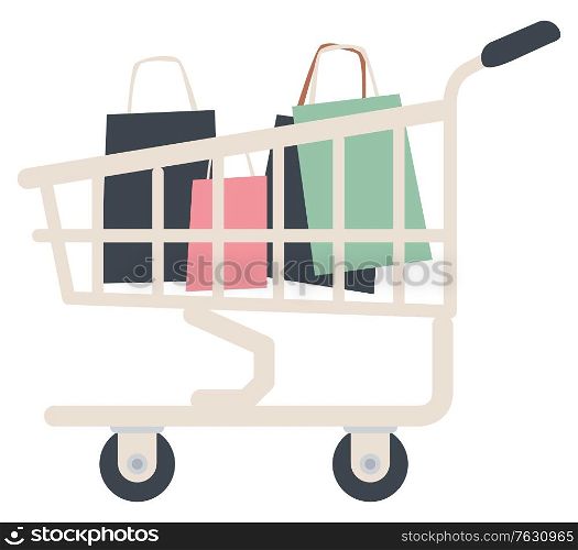 Cart with bags and packages, isolated shopping trolley from shop with bought products. Customers purchases inside, container with handle and wheels. Vector illustration in flat cartoon style. Shopping Trolley Filled with Bags, Cart from Shop