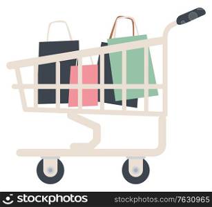 Cart with bags and packages, isolated shopping trolley from shop with bought products. Customers purchases inside, container with handle and wheels. Vector illustration in flat cartoon style. Shopping Trolley Filled with Bags, Cart from Shop