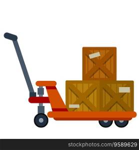 Cart with crates. Industrial shipping. Loading, Storage and logistics in warehouse. Handcart on wheels with load. Flat Platform trolley. Box with package. Cart with crates. Industrial shipping.