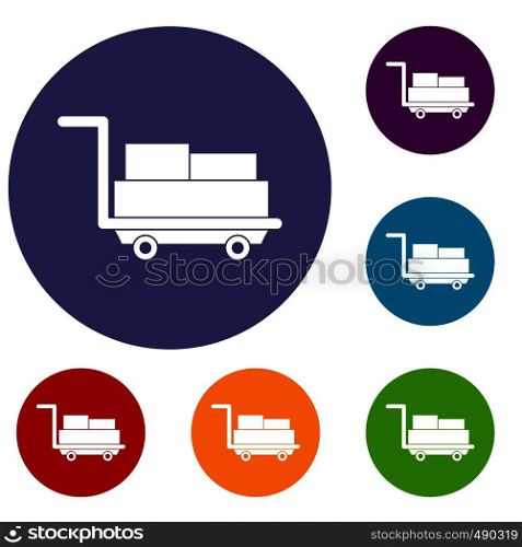 Cart with luggage icons set in flat circle red, blue and green color for web. Cart with luggage icons set