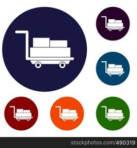 Cart with luggage icons set in flat circle red, blue and green color for web. Cart with luggage icons set