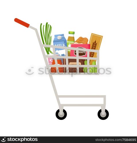 Cart with products. Supermarket. Vector illustration