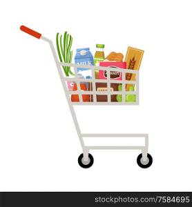 Cart with products. Supermarket. Vector illustration