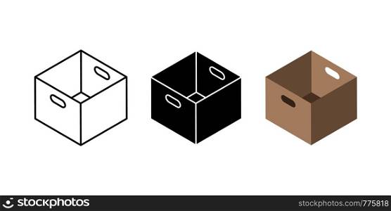 Carton box icons. Flat black and linear cardboard box and delivery service symbols, post parcels and shipping package. Vector illustration empty real pack set. Carton box icons. Flat black and linear cardboard box and delivery service symbols, post parcels and shipping package vector set