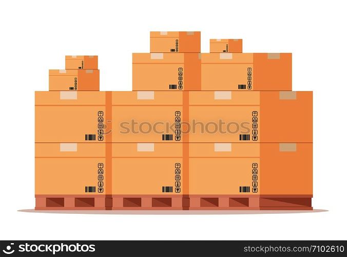 Carton box pallet. Flat warehouse cardboard packages stack, front view shipping parcels on storage. Vector isolated wooden pallets for fragile store parcels. Carton box pallet. Flat warehouse cardboard packages stack, front view shipping parcels on storage. Vector isolated wooden pallets