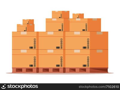 Carton box pallet. Flat warehouse cardboard packages stack, front view shipping parcels on storage. Vector isolated wooden pallets for fragile store parcels. Carton box pallet. Flat warehouse cardboard packages stack, front view shipping parcels on storage. Vector isolated wooden pallets