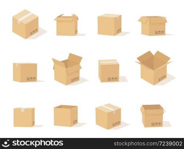 Carton boxes. Opened and closed beige cardboard box, packaging for delivery and storage, online shipping secure parcel, warehouse vector set. Carton boxes. Opened and closed cardboard box, packaging for delivery and storage, online shipping secure parcel, vector set